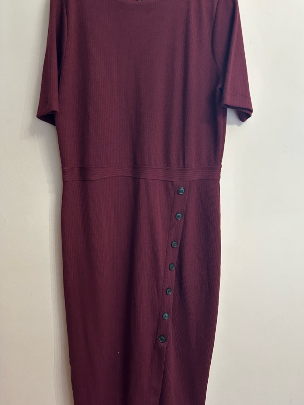 LOFT Burgundy Button-Front Ribbed Dress